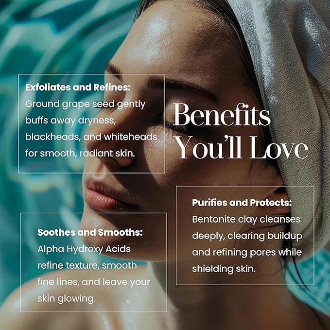 Hylunia Skincare Grape Seed Facial Scrub β Gentle Exfoliating Face Scrub with Ground Grape Seed, Bentonite Clay, and Alpha Hydroxy Acid for smooth, glowing skin and refined pores, 5.1oz