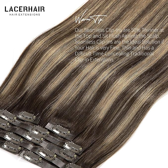 Lacer Hair Remy Human Hair Clip in Extensions Full Head Silky Straight Tape Weft Invisible Clip on Hair Extensions Human Hair Chestnut Brown Mixed Dark Brown with Brown Roots R#2-2/6 22 Inch 110g 7pcs