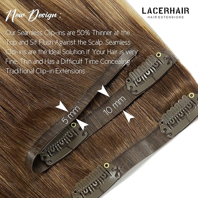 LacerHair PU Clip in Hair Extensions Remy Human Hair Chocolate Brown to Caramel Blonde with Brown Roots 22 Inch Thick Remy Glam Seamless Light Hair Extensions with Skin-Weft Technology 110g 7pcs