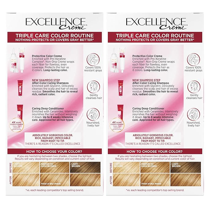 L'Oreal Paris Excellence Creme Permanent Hair Color, 8G Medium Golden Blonde, 100 percent Gray Coverage Hair Dye, Pack of 2