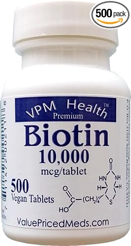 HealthyNaturally Biotin 10,000 mcg (500 Tablets) for Hair Growth, Skin, Strong Nails, biotin 10mg