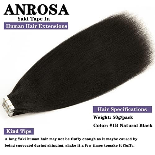 Anrosa Light Yaki Straight Tape in Hair Extensions Double Sided 16 Inch Yaki Tape in Hair Extensions Human Hair Brazilian Invisible #1B Natural Black 50G 20PCS