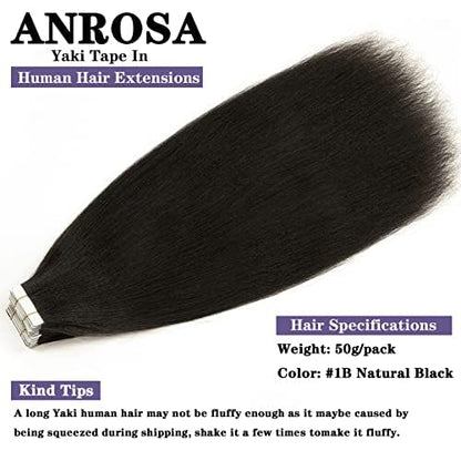 Anrosa Light Yaki Straight Tape in Hair Extensions Double Sided 16 Inch Yaki Tape in Hair Extensions Human Hair Brazilian Invisible #1B Natural Black 50G 20PCS