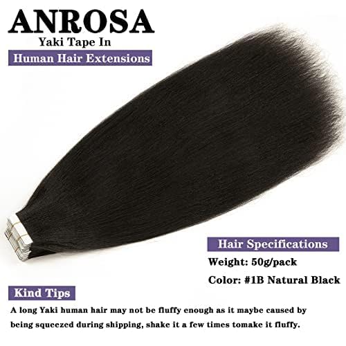 Anrosa Yaki Straight Tape in Hair Extensions Real Remy Human Hair for Black Women Double Sided Brazilian Human Hair Black Women #1B Seamless Tape in Hair Extensions 50g 14 Inch