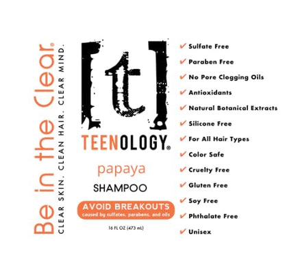 Teenology Shampoo for Teens - Avoid Forehead and Body Acne - No Sulfates or Parabens, Noncomedogenic, Natural Botanical Extracts, 16 oz. (Fresh Papaya)