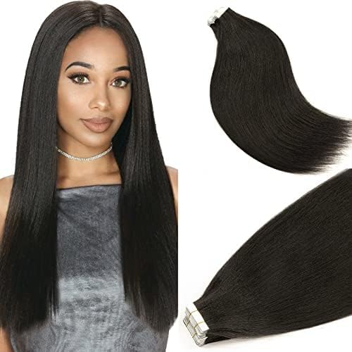 Anrosa Yaki Straight Tape in Hair Extensions Real Remy Human Hair for Black Women 20 Inch Seamless Double Sided Natural Black Hair Extensions 50G 20PCS