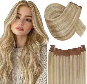 RUNATURE Invisible Wire Hair Extensions, Real Human Hair Extensions Blonde, Fish Line Hair Extension, Easy to Apply, 16 Inch 80g #18P613 Honey Blonde