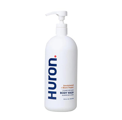 Huron Men’s Moisturizing Body Wash - Clean & Woody Scent of Sandalwood, Black Pepper, Cedarwood, & Amber - Made With Coconut Oil, Vitamin E & Witch Hazel - Vegan, Cruelty-Free - 30.3 fl oz
