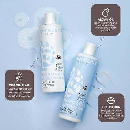Purezero Moroccan Argan Oil Shampoo & Conditioner set - Repair Damaged Hair - Fight Dandruff & Frizz - Zero Sulfates, Parabens, Dyes, Gluten - 100% Vegan & Cruelty Free - Great For Color Treated Hair