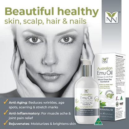 Y-Not Natural Ultra Pure Australian Emu Oil - Luxury, Hospital Grade Emu Oil 200mL | Free Range Aboriginal Omega 3, 6 & 9 Oil Infused with Green Tea - The Ultimate Moisturizer for Skin, Hair, Nails, and Scalp