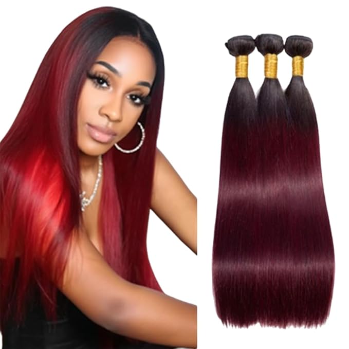 1B99j Ombre Straight Bundles Two Tone Black and Burgundy Straight Bundles Brazilian Human Hair Weave Soft and Silky for Women 14 16 18 Inch