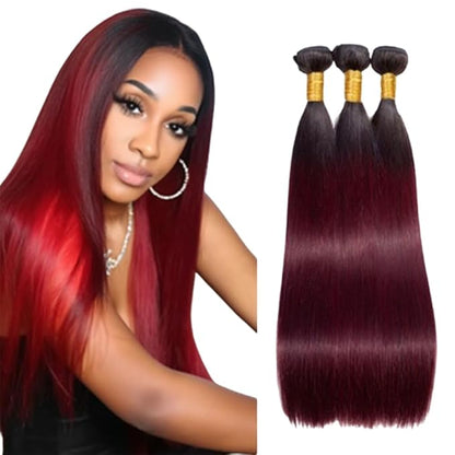1B99j Ombre Straight Bundles Two Tone Black and Burgundy Straight Bundles Brazilian Human Hair Weave Soft and Silky for Women 14 16 18 Inch