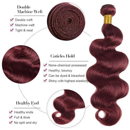 Color 99j Body Wave Bundles Human Hair Burgundy Body Wave Bundles 8a Grade Double Weft Brazilian Human Hair Wet and Wavy Soft Silky for Black Women 10 12 14 Inch