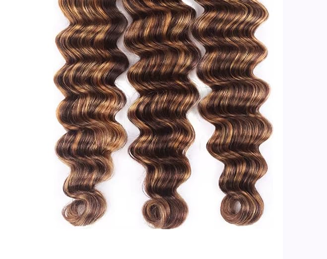 P1B/30 Human Hair Bundles Highlight Deep Wave Bundles 12 14 16 Inch Unprocessed Brazilian Virgin Remy Hair Extensions Silky Soft Ombre Light Brown Hair Weave