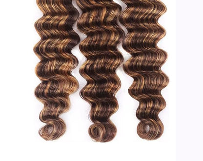 P1B/30 Human Hair Bundles Highlight Deep Wave Bundles 12 14 16 Inch Unprocessed Brazilian Virgin Remy Hair Extensions Silky Soft Ombre Light Brown Hair Weave