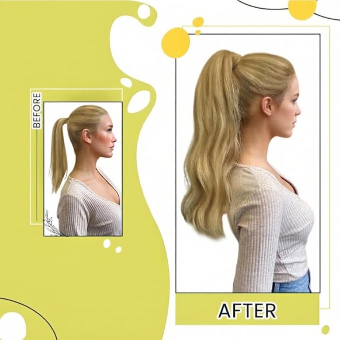 RUNATURE Ponytail Extension Real Human Hair, Blonde Highlight Human Hair Ponytail for Women, Wrap Around Hairpiece with Magic Paste, 12 Inch 70g #16P24 Golden Blonde Highlights