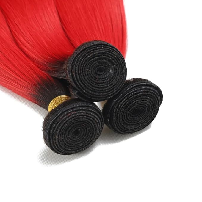 1B/Red Straight Human Hair Bundles 12 14 16 inch Two Tone Brazilian Virgin Remy Hair Extensions Two Tone Black Roots To Red Human Hair Bundles Soft and Silky For Women