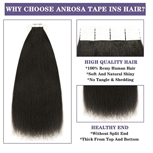 Anrosa Light Yaki Straight Tape in Hair Extensions Double Sided 16 Inch Yaki Tape in Hair Extensions Human Hair Brazilian Invisible #1B Natural Black 50G 20PCS