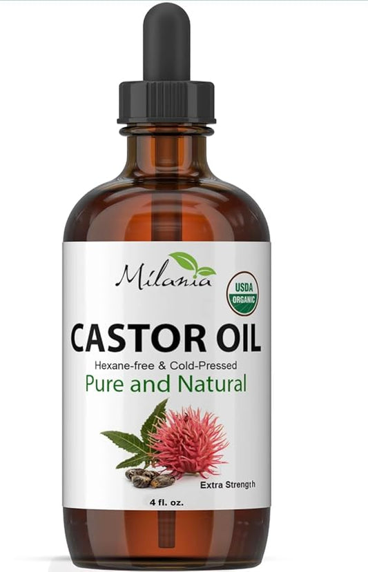MILANIA Organic Castor Oil - Glass Bottle - Cold Pressed & Hexane-Free (4 fl. oz.)