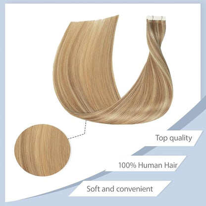 Tape In Hair Extensions 24 Inch HuxoWax P27/613 Straight Hair Extensions Double Weft Highlight Blonde VirgIn Soft And Silky Remy Hair
