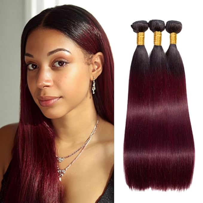 1B99J Straight Bundles Human Hair Two Tone Black and Burgundy Straight Bundles Brazilian Human Hair Weave Soft and Silky for Women 26 28 30 Inch