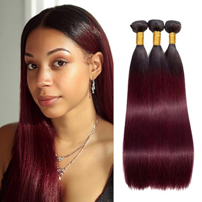 1B99J Straight Bundles Human Hair Two Tone Black and Burgundy Straight Bundles Brazilian Human Hair Weave Soft and Silky for Women 26 28 30 Inch
