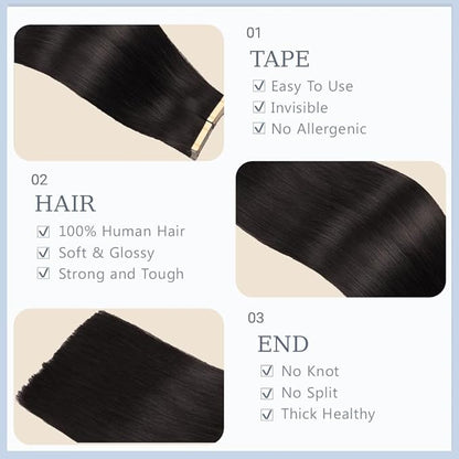 Tape In Hair Extensions 20 Inch Color #1 Straight Hair Extensions HuxoWax Double Weft VirgIn Soft And Silky Remy Invisible Natural Color