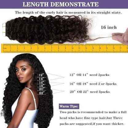 Anrosa Curly Hair Extensions Tape in Human Hair for Black Women - Invisible Double Sided Jerry Curly Extension - 12 Inch 50g 20pcs