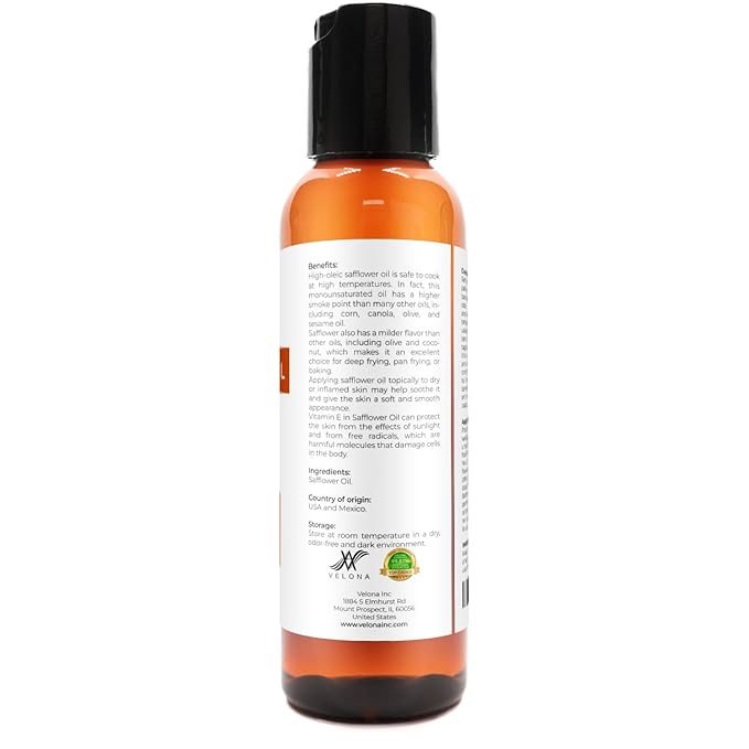 Safflower Oil by Velona - 2 fl oz | 100% Pure and Natural Carrier Oil | Refined, Expeller Pressed | Cooking, Skin, Hair, Body & Face Moisturizing | Use Today - Enjoy Results
