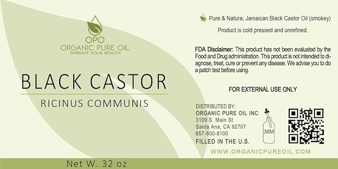Unrefined Black Castor Oil - 32 oz - Brazilian smokey, Cold Pressed,Smoky scent, Non-GMO, Free of any Chemicals, Fillers Virgin Carrier Oil for Skin, Hair, Nails, Body, & More. Packaging may vary
