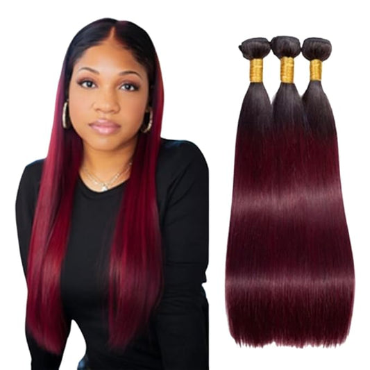 Ombre 1B99j Straight Bundles Two Tone Black Mixed With 99j Straight Bundles Brazilian Human Hair Weave Soft and Silky for Women 16 18 20 Inch