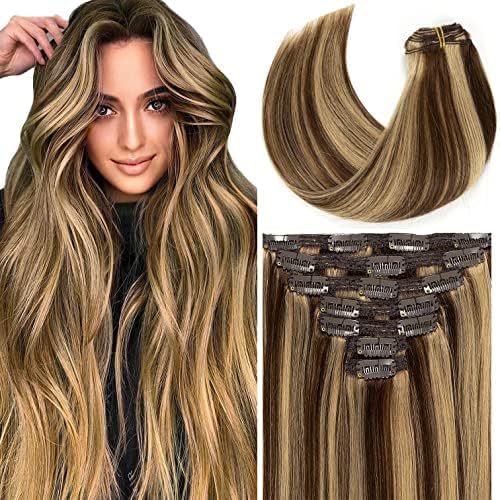 Loxxy Clip In Human Hair Extensions Natural Hair Chocolate Brown Mixed with Light Golden Brown 7Pieces 120g Double Weft Extensions Lace Clip Extensions Natural Hair P#4/12 16 Inch