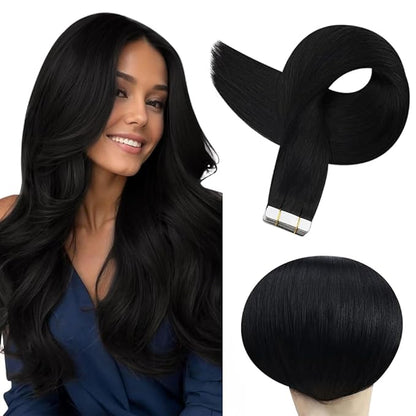 Tape In Hair Extensions 22 Inch Color #1 Straight Hair Extensions HuxoWax Double Weft VirgIn Soft And Silky Remy Invisible Natural Color