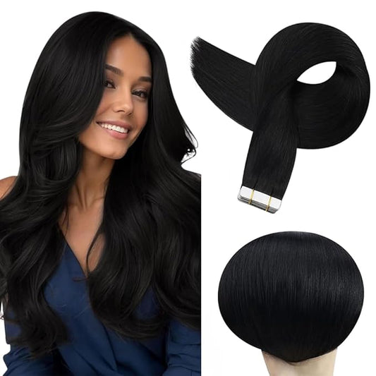 Tape In Hair Extensions 22 Inch Color #1 Straight Hair Extensions HuxoWax Double Weft VirgIn Soft And Silky Remy Invisible Natural Color