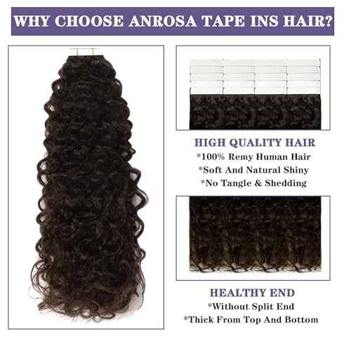 Anrosa Curly Hair Extensions Tape in Human Hair for Black Women - Invisible Double Sided Jerry Curly Extension - 12 Inch 50g 20pcs