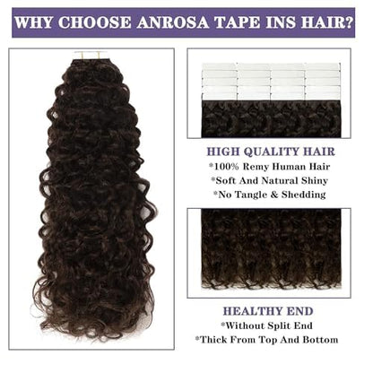 Anrosa Curly Hair Extensions Tape in Human Hair for Black Women - Invisible Double Sided Jerry Curly Extension - 12 Inch 50g 20pcs
