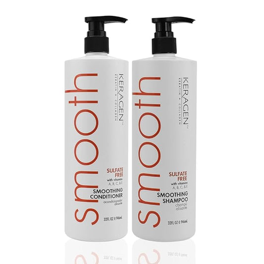 Keragen - Smoothing Shampoo and Conditioner with Keratin and Collagen for All Hair Types, Sulfate Free, 32 Oz - Moisturizes, Strengthens, Protects Color and Repair - Panthenol