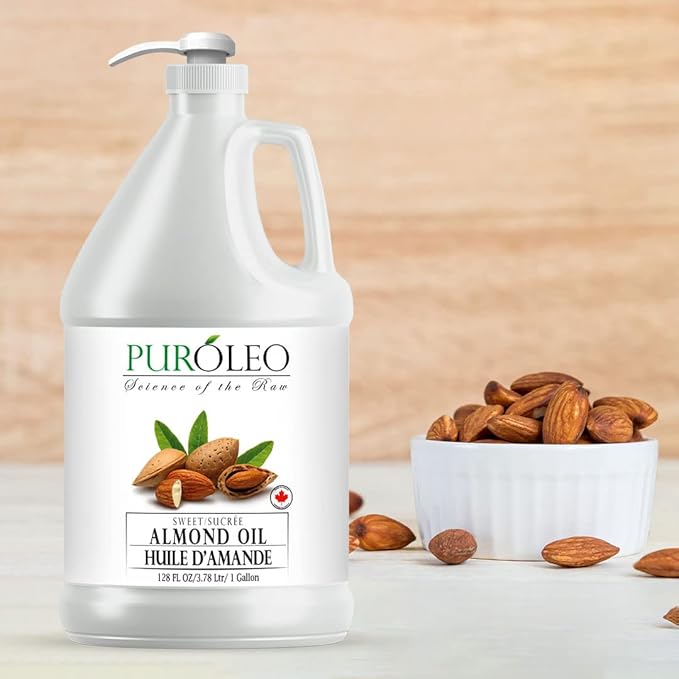 PUROLEO Sweet Almond Oil 128 Fl Oz/3784 ML (Packed In Canada) Pure Almond Oil for Skin, Hair, & Body | Organic Carrier Oil & Body Oils For Women
