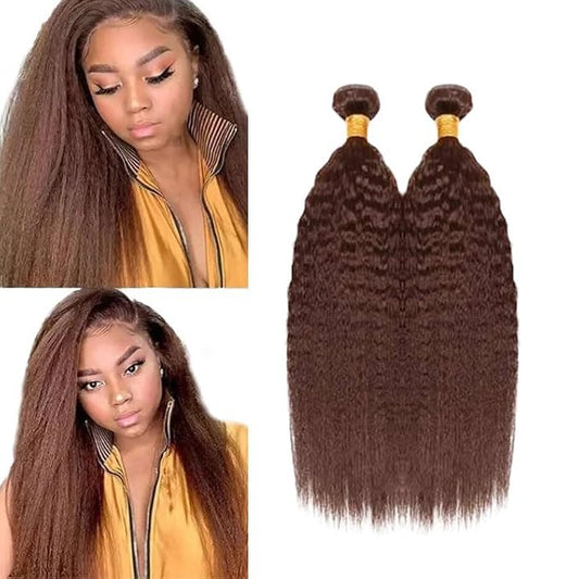 #4 Brown Bundles Human Hair Kinky Straight Bundles 26 28 Inch Human Hair Weave 2 Bundle Unprocessed Brazilian Virgin Hair Chocolate Yaki Straight Human Hair Extensions