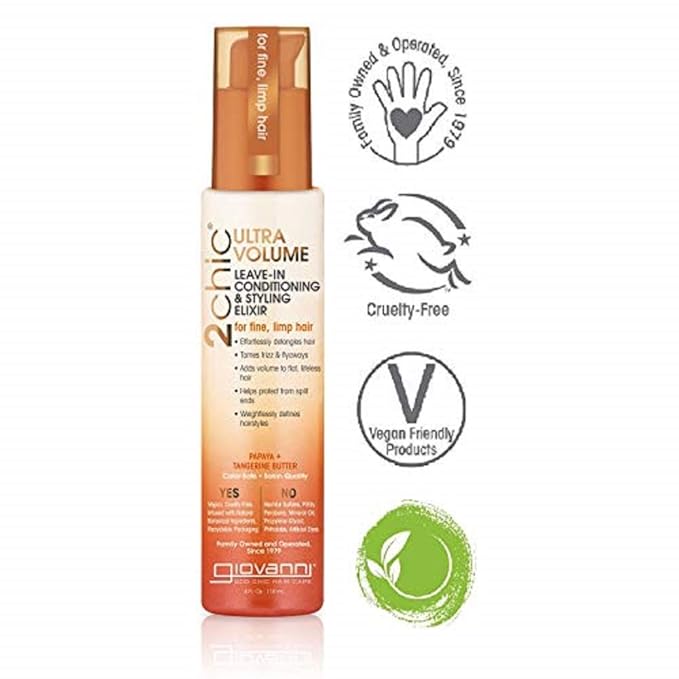 GIOVANNI 2chic Ultra-Volume Leave-In Conditioning & Styling Elixir - Builds Volume, Promotes Weightless Control for Fine/Thin Hair, Volumizing Formula with Papaya & Tangerine Butter, Color Safe - 4 oz