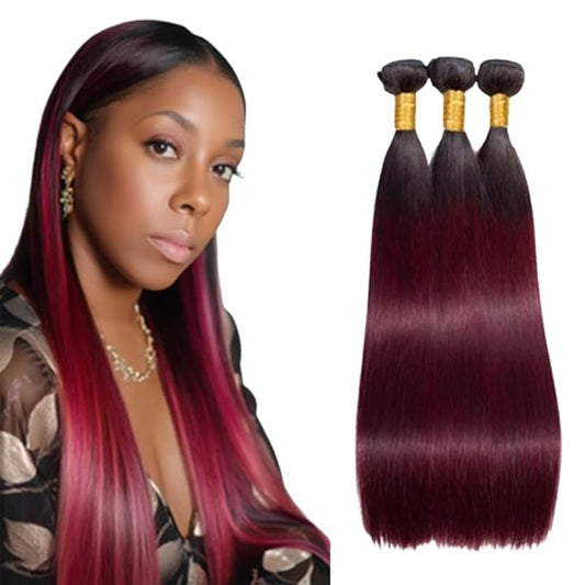 Ombre Burgundy Bundles 1B99j Straight Bundles Black and Burgundy two tone Brazilian Human Hair Weave Soft and Silky for Women 20 22 24 Inch