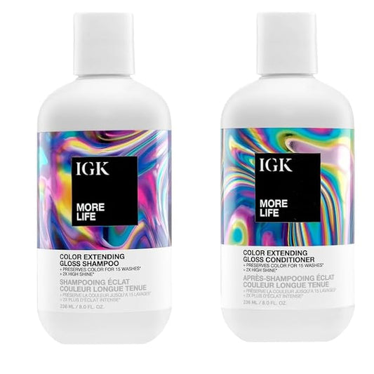 IGK MORE LIFE Color Extending Gloss Shampoo and Conditioner Set | Preserves Color Treated Hair | UV Protection | Vegan + Cruelty-Free | 8 oz