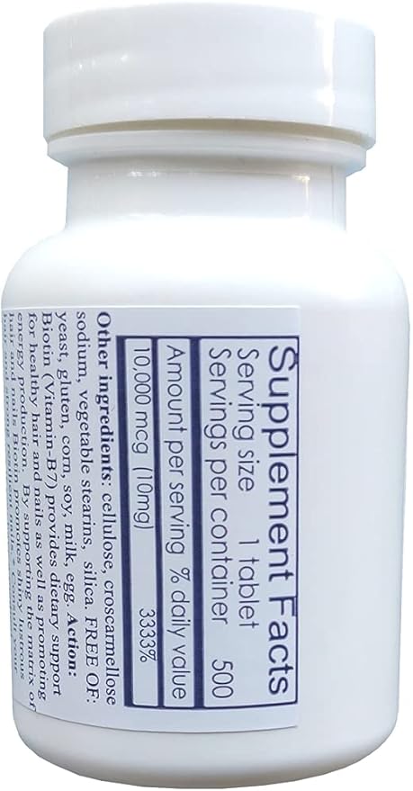 HealthyNaturally Biotin 10,000 mcg (500 Tablets) for Hair Growth, Skin, Strong Nails, biotin 10mg