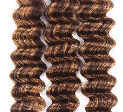 P1B/30 Human Hair Bundles Highlight Deep Wave Bundles 12 14 16 Inch Unprocessed Brazilian Virgin Remy Hair Extensions Silky Soft Ombre Light Brown Hair Weave