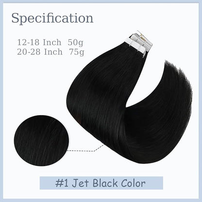 Tape In Hair Extensions 20 Inch Color #1 Straight Hair Extensions HuxoWax Double Weft VirgIn Soft And Silky Remy Invisible Natural Color