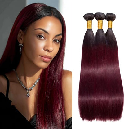 Ombre Human Hair 1B99J Straight Bundles Two Tone Black to Burgundy Bundles Brazilian Human Hair Weave Soft and Silky for Women 24 26 28 Inch