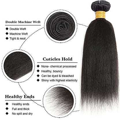 Kinky Straight Human Hair Bundles Natural Black Yaki Straight Bundles Hair Extensions 22 24 26 Inch Grade 8A Brazilian Virgin Remy Hair 3 Bundles Double Weft Real Color 1B Hair Weave