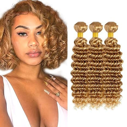 #27 Blonde Bundles Human Hair Water Wave Bundles 26 28 30 Inch Unprocessed Brazilian Virgin Hair Weave 3 Bundles 50 Grams Per Bundle Honey Blonde Human Hair Extensions