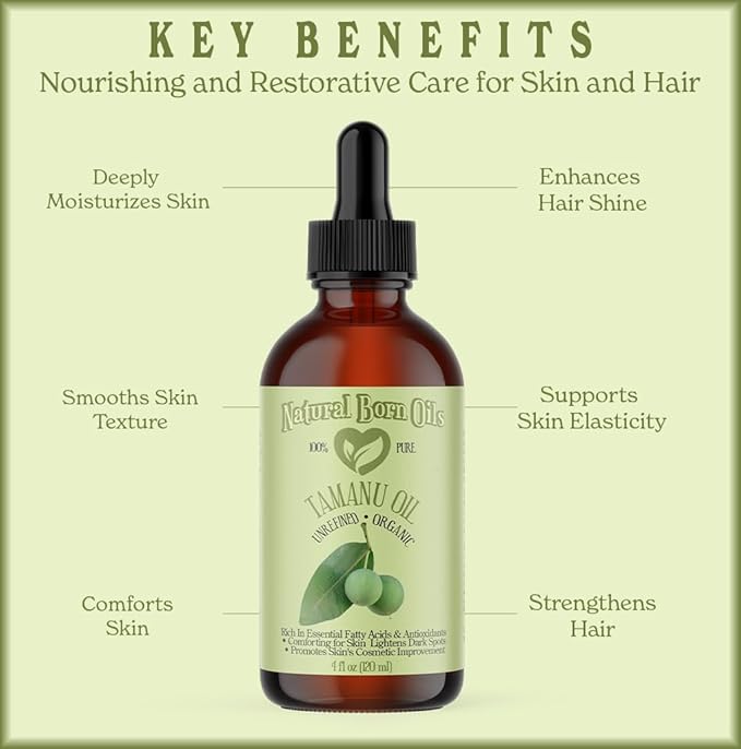 Natural Born Oils Tamanu Oil, 8oz, Organic, Cold-Pressed, Rich in Calophyllolide, Ideal for Moisturizing Skin, Strengthening Hair