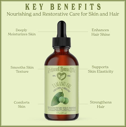 Natural Born Oils Tamanu Oil, 8oz, Organic, Cold-Pressed, Rich in Calophyllolide, Ideal for Moisturizing Skin, Strengthening Hair